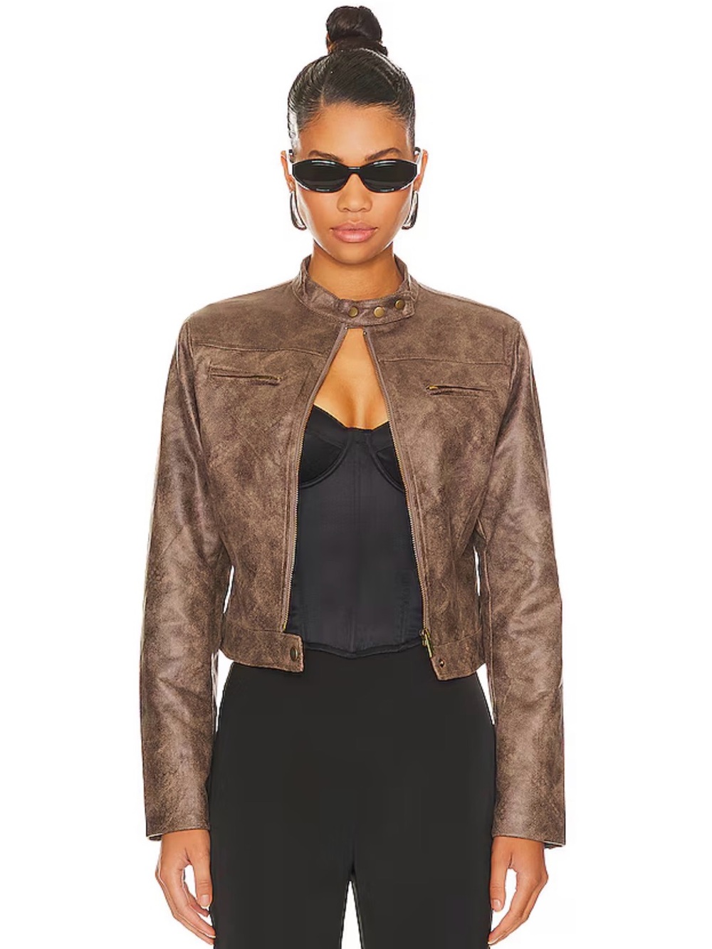 Lioness Brown Faux Suede Moto Bomber Jacket